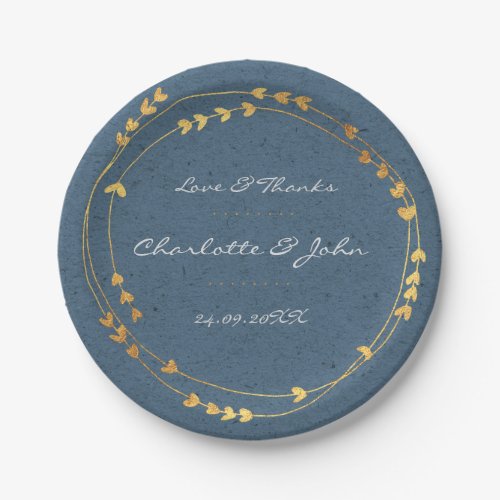 Blue Gray Golden Wreath Heart Wedding Birthday Paper Plates