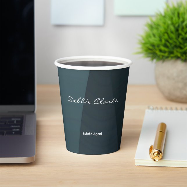 Blue gray gradient waves pattern paper cups (Insitu)