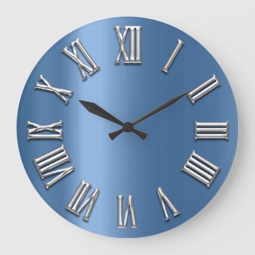 Blue Gray Gray Metal Gray Silver Roman Number Large Clock