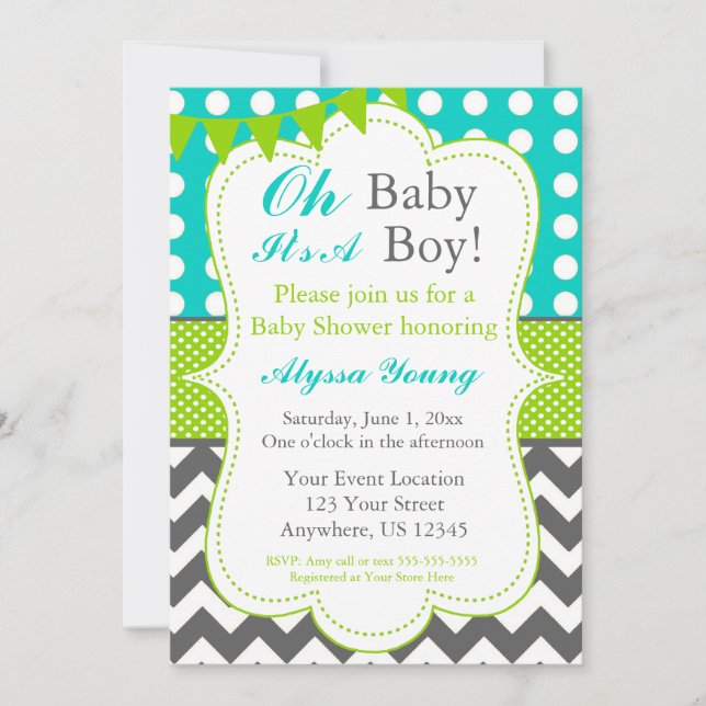 Blue Gray Green Baby Boy Shower Invite (Front)