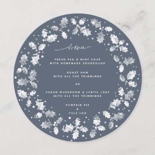 Blue_Gray Hand Printed Holly Wreath Christmas Menu