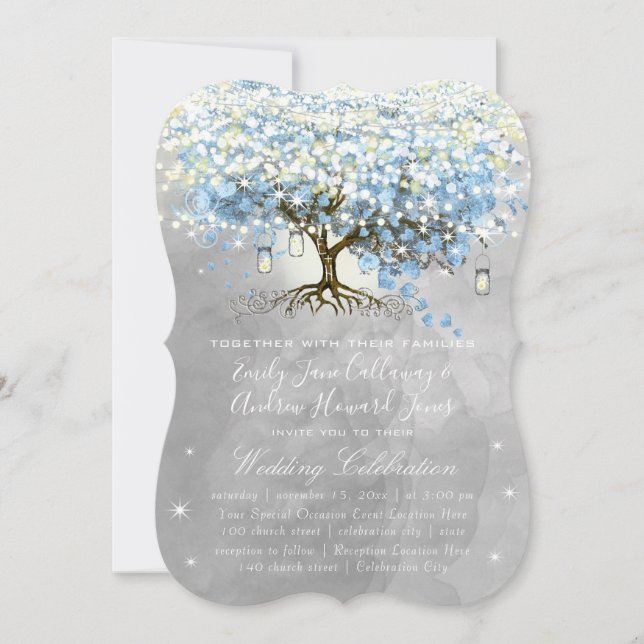 Blue & Gray Heart Leaf Tree Woodsy Boho Wedding Invitation (Front)