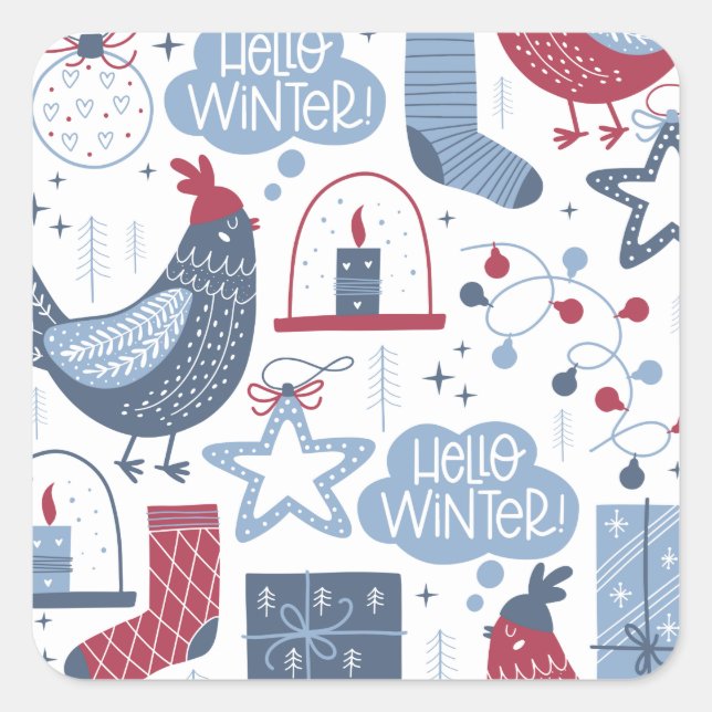 Blue Gray Hello Winter Christmas  Illustration  Square Sticker (Front)