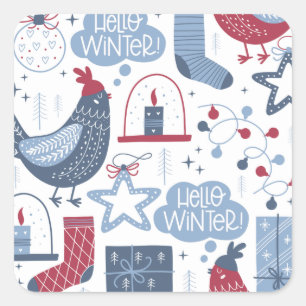 Blue Gray Hello Winter Christmas Illustration Square Sticker