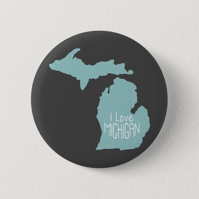 Blue Gray I Love Michigan Silhouette On Gray Button (Front)