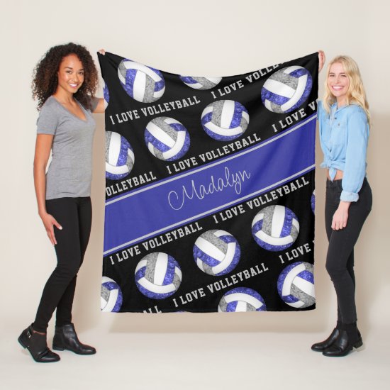 blue gray I love volleyball girly personalized fleece blanket