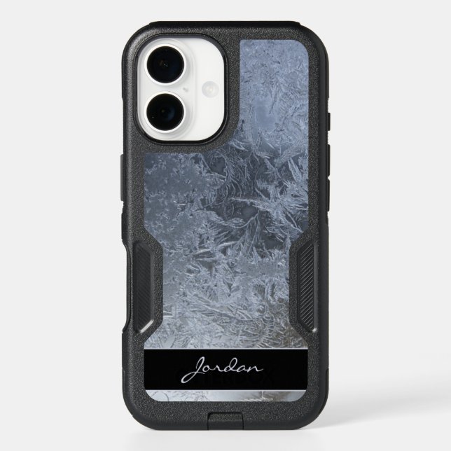 Blue Gray Ice Crystals on Glass with Name Otterbox iPhone Case (Back)