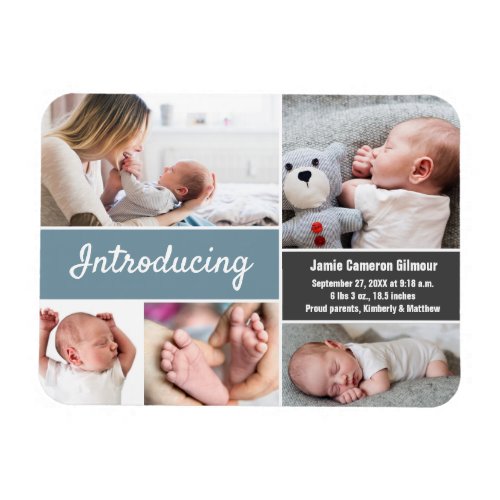 Blue gray Introducing baby boy photo collage Magnet