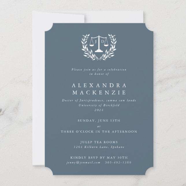 Blue-Gray JD Law Scales Laurel Wreath Graduation I Invitation (Front)