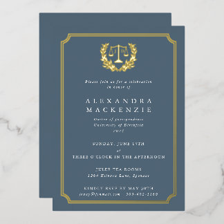 Blue-Gray JD Law School Graduation Party Foil Invitation