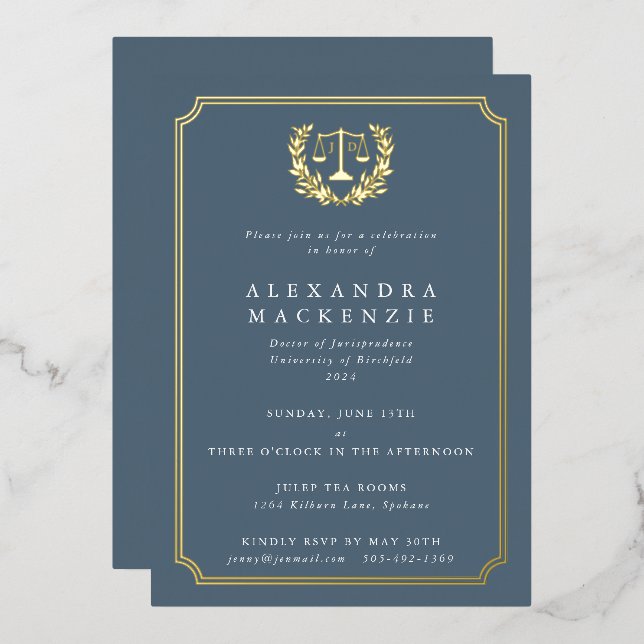 Blue-Gray JD Law School Graduation Party Foil Invitation (Front/Back)