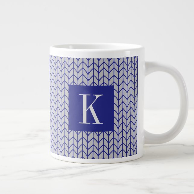 BLUE GRAY KNIT Big White Mug + Initial II (Right)
