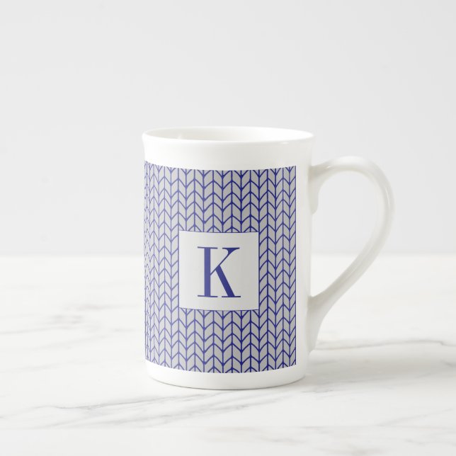 BLUE GRAY KNIT Bone China Mug + Initial (Right)