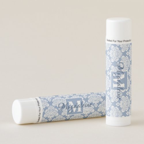 Blue Gray Lace Damask Elegant Monogram  Name Lip Balm