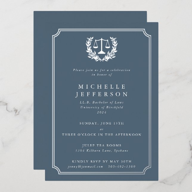 Blue-Gray Law School Graduation Party Foil Invitation (Front/Back)
