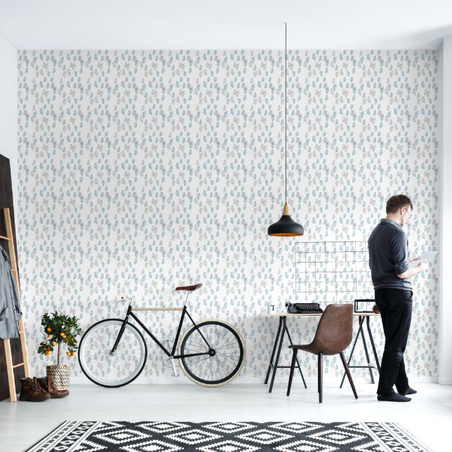 Blue & Gray Leaves Pattern Wallpaper (Living Room)