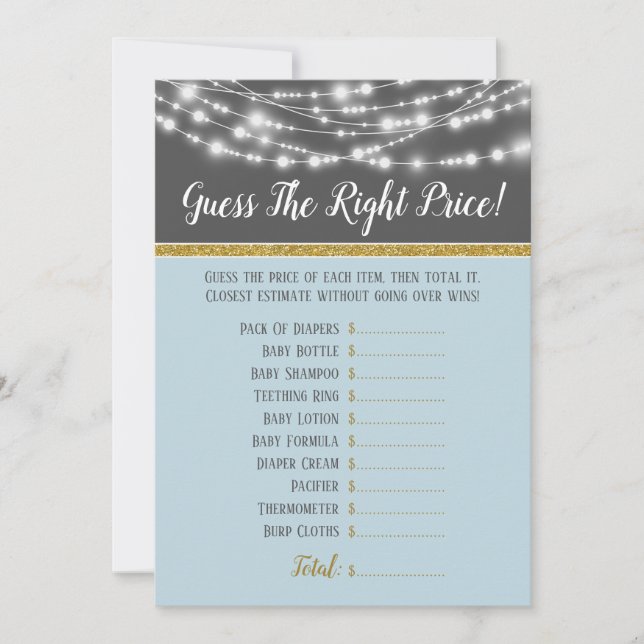 Blue Gray Lights Guess The Right Price Baby Shower Invitation (Front)