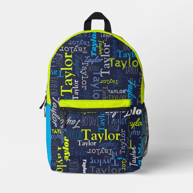 blue gray lime green personalized name all over printed backpack (Front)