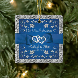 Blue, Gray Love Hearts Wedding 1st Christmas Ceramic Ornament