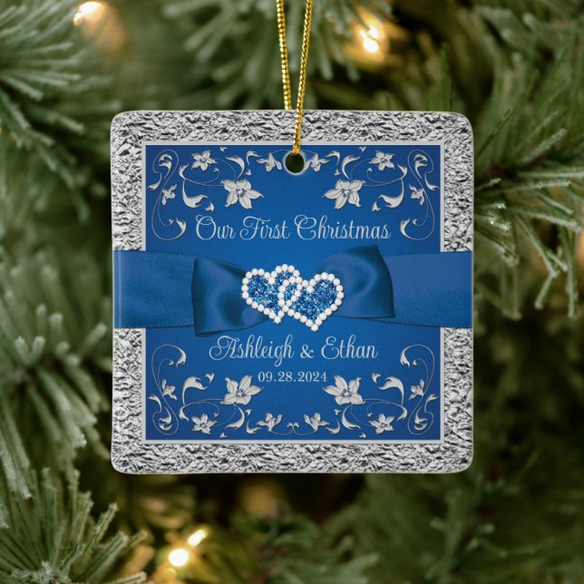 Blue, Gray Love Hearts Wedding 1st Christmas  Ceramic Ornament (Tree)