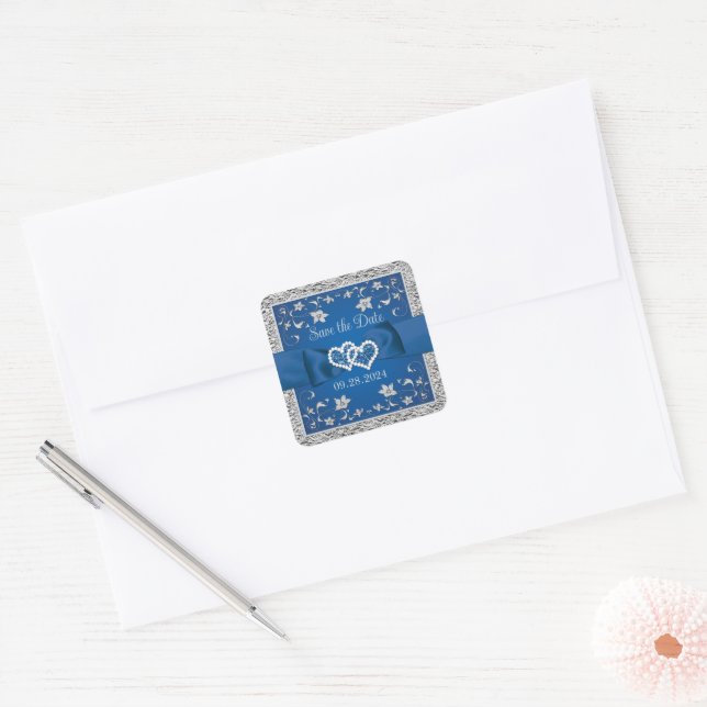 Blue, Gray Love Hearts Wedding Save the Date Square Sticker (Envelope)