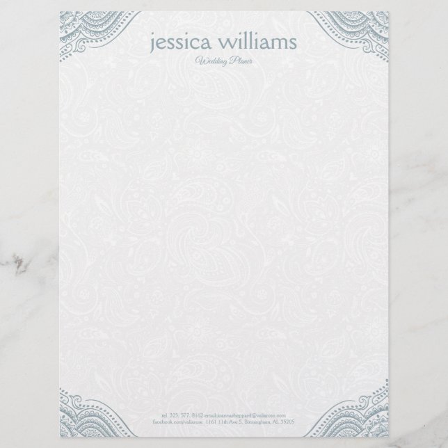 Blue-Gray Mandala Corners On White Paisley  Letterhead (Front)