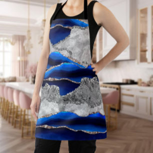 BLUE GRAY MARBLE AGATE SILVER GLITTER GLAM APRON