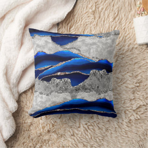 BLUE GRAY MARBLE AGATE SILVER GLITTER GLAM THROW PILLOW