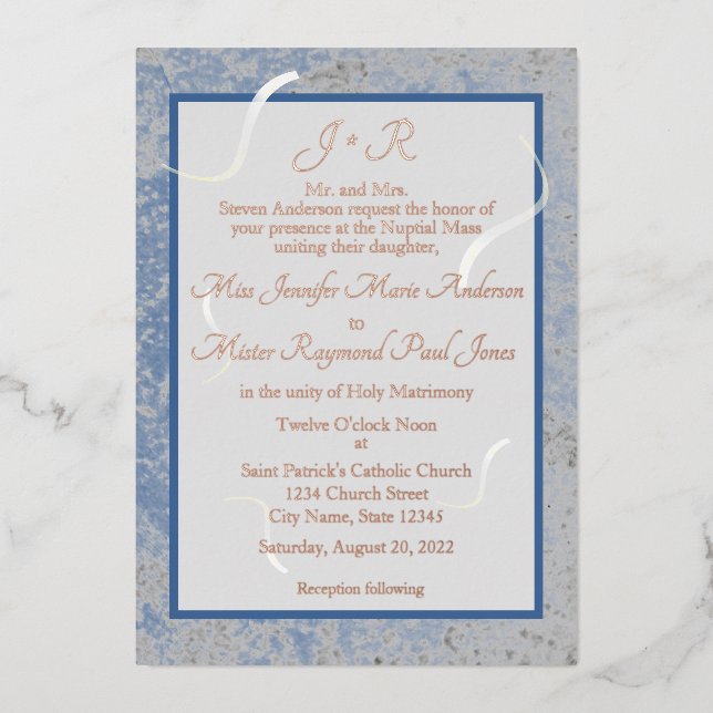 Blue & Gray Marble Catholic Monogrammed Wedding Foil Invitation (Front)
