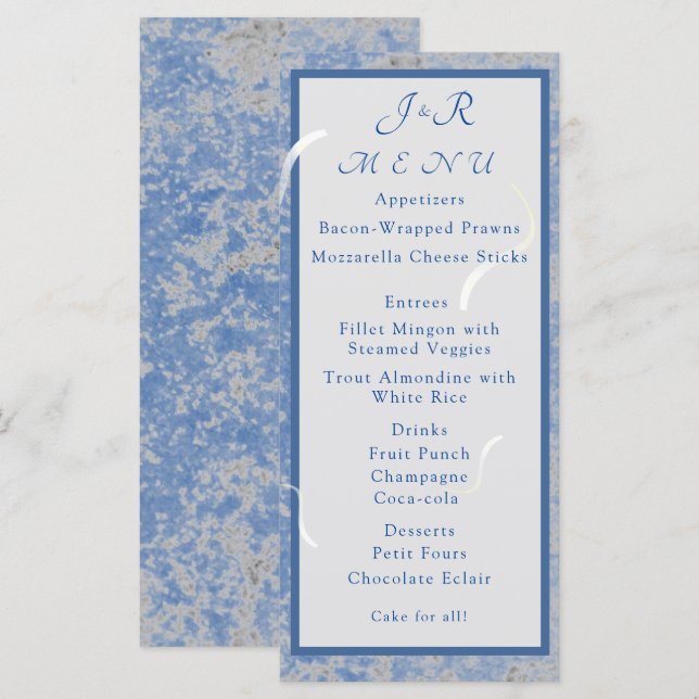 Blue & Gray Marble Monogram Wedding Menu Card (Front/Back)
