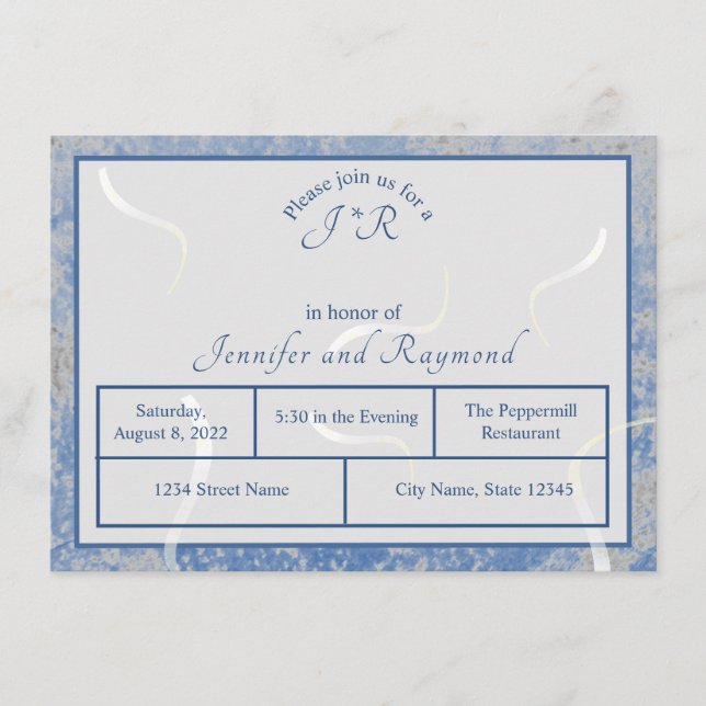 Blue & Gray Marble Monogramed Rehearsal Dinner Enclosure Card (Front)