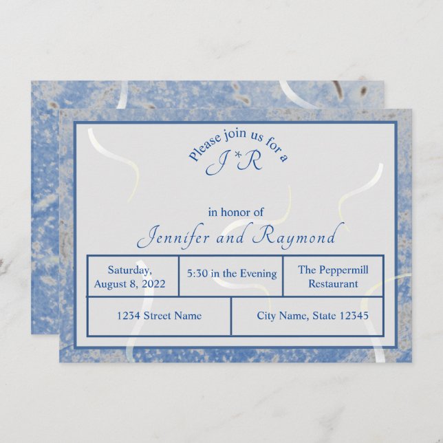 Blue & Gray Marble Monogramed Rehearsal Dinner Enclosure Card (Front/Back)