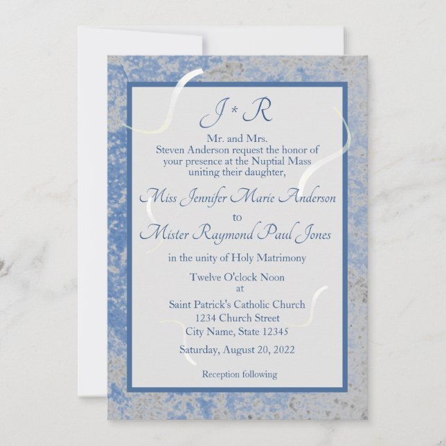 Blue & Gray Marble Monogramed Wedding Invitation (Front)