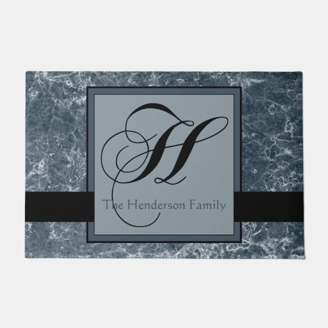 Blue Gray Marble Pattern Black Monogram H Add Name Doormat (Front)