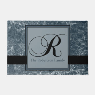 Blue Gray Marble Pattern Black Monogram R Add Name Doormat