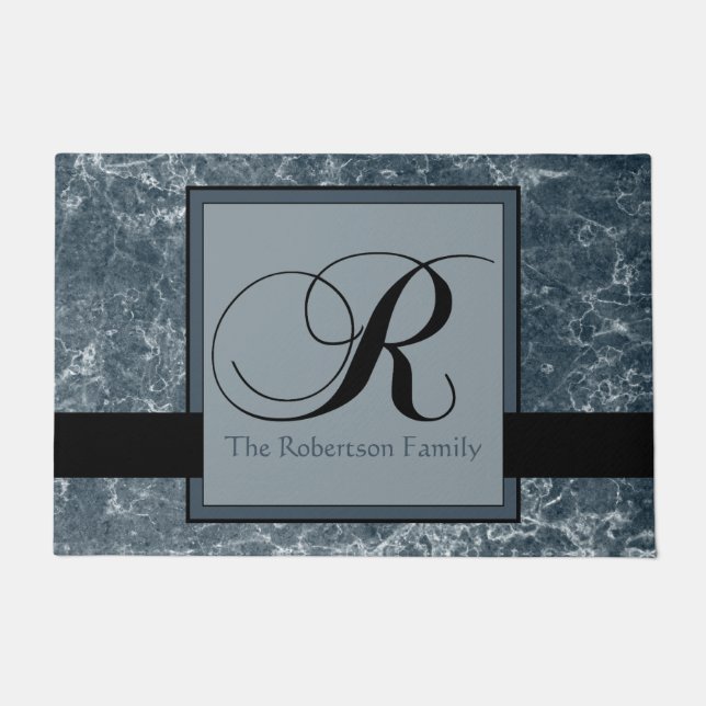 Blue Gray Marble Pattern Black Monogram R Add Name Doormat (Front)