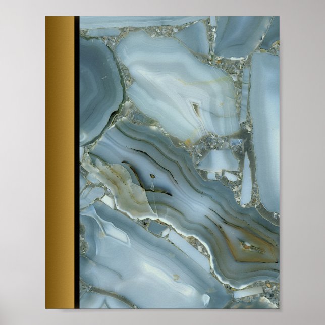 Blue Gray Marble Stone / Black Gold Border Art Poster (Front)