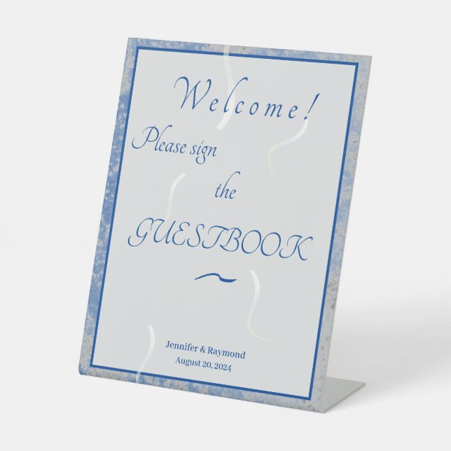 Blue & Gray Marble Wedding  Pedestal Sign (Front)
