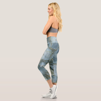 Blue Gray Marble with Gold Vein Capri Leggings