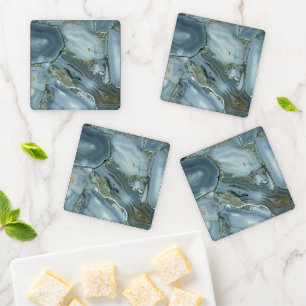Blue Gray Marble with Gold Vein Coaster Set