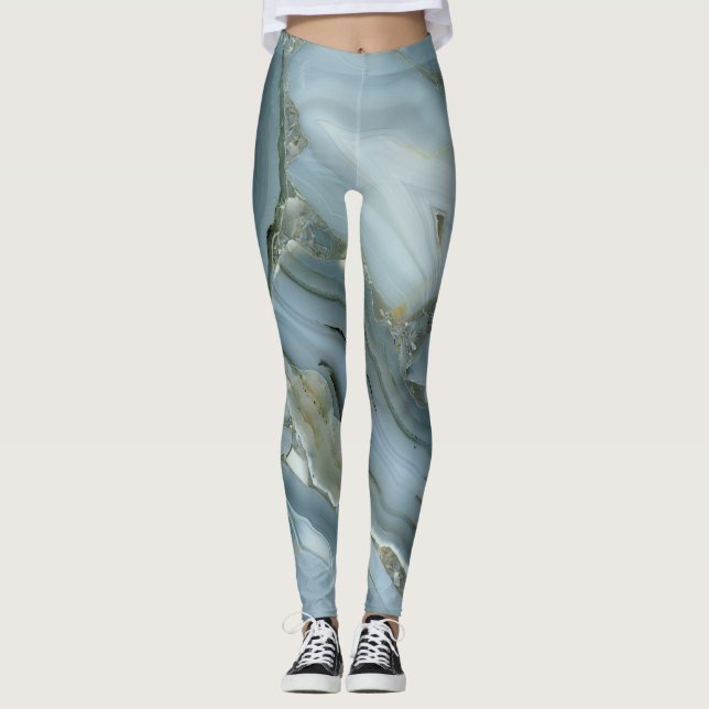 Blue Gray Marble with Gold Vein Drawstring Bag Leggings (Front)
