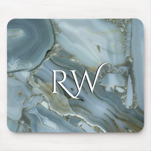 Blue Gray Marble with Gold Vein Initial  Mouse Pad (Front)