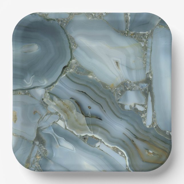 Blue Gray Marble with Gold Vein Paper Plates (Front)