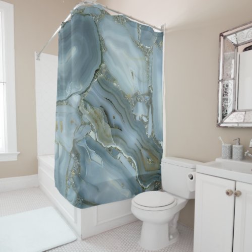 Blue Gray Marble with Gold Vein Shower Curtain