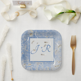 Blue & Gray Marbled Wedding Reception Paper Plate