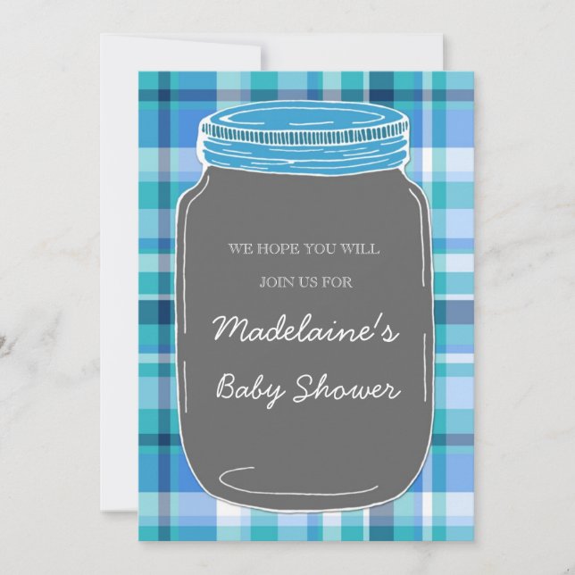 Blue Gray Mason Jar Custom Baby Shower Invitations (Front)