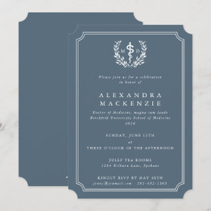 Blue-Gray MD Asclepius + Laurel Wreath Graduation Invitation