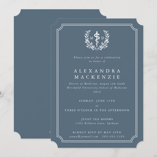 Blue-Gray MD Asclepius + Laurel Wreath Graduation Invitation (Front/Back)