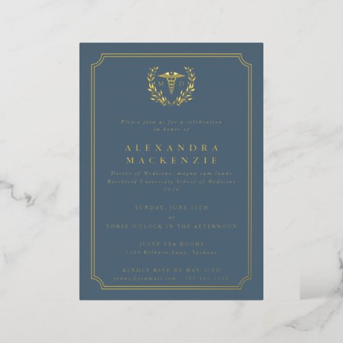 Blue_Gray MD CaduceusLaurel Wreath Graduation Foil Invitation