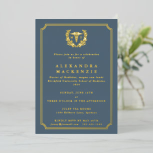Blue-Gray MD Caduceus+Laurel Wreath Graduation Foil Invitation
